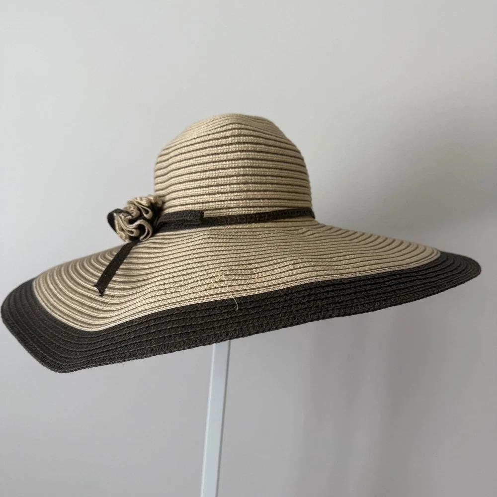 Callanan Designer OS Tan Black Sun Hat Floppy Straw Millinery Flower Beach